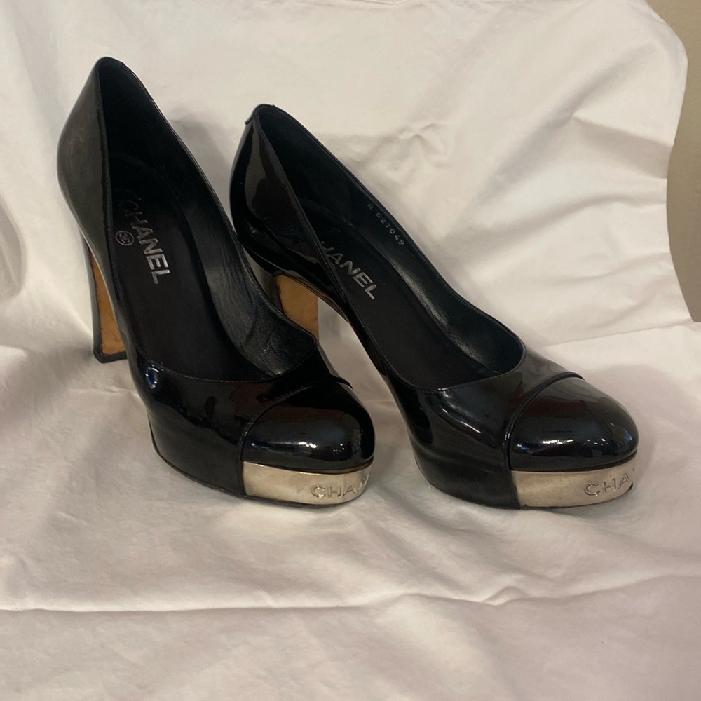 Chanel patent leather black platform pumps high heels 39 1/2